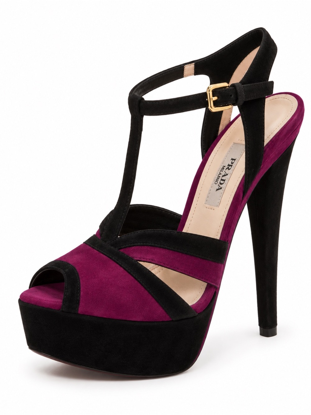 Prada Black and Plum Suede T-Strap Platform Sandals